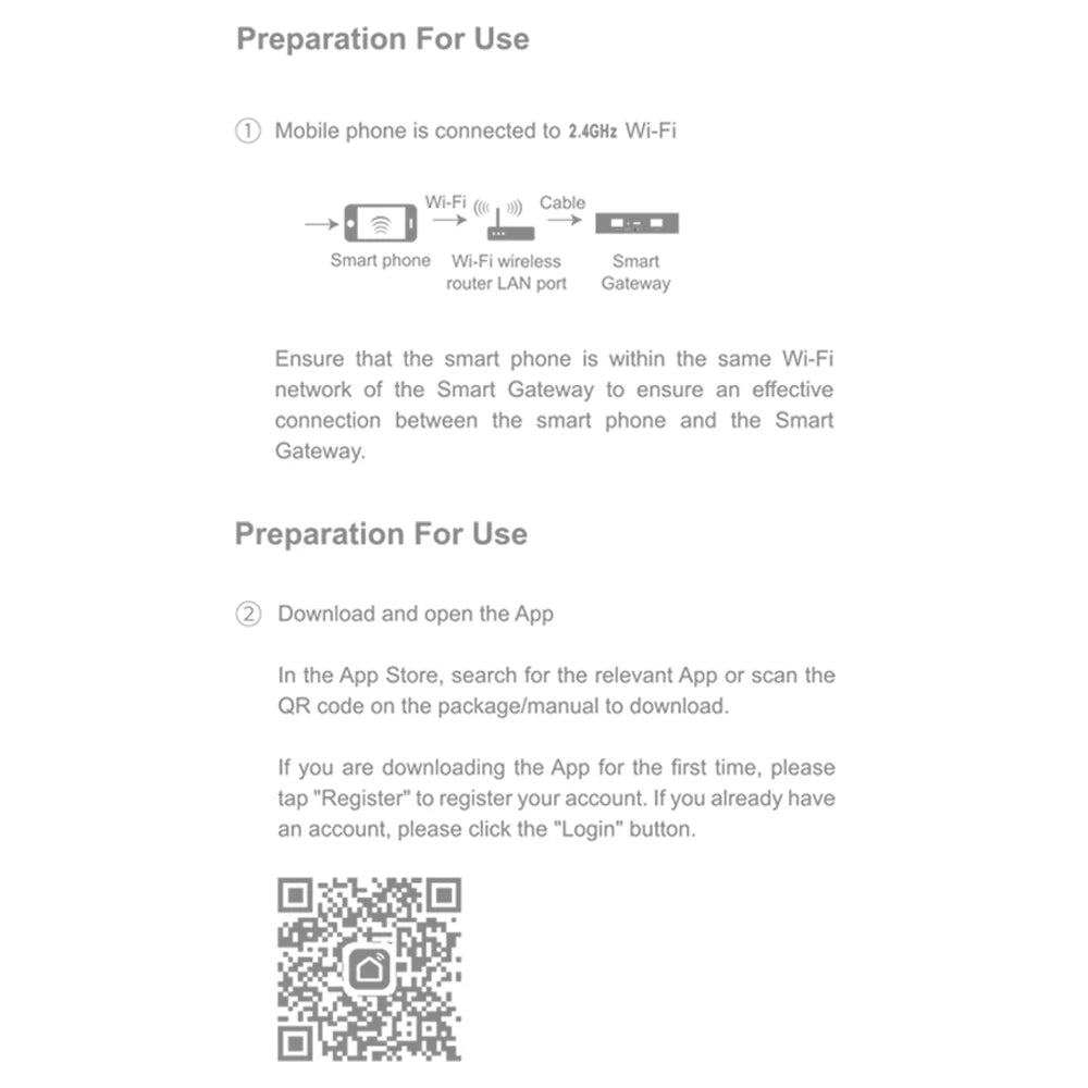 User manual page with 2.4GHz Wi-Fi setup instructions, connection diagram, and a square QR code for app download.