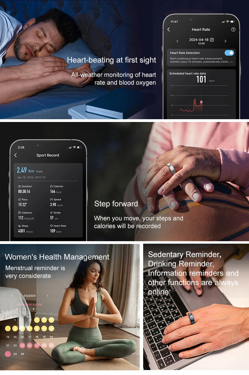 Sleek silver and black smart health rings shown with app screens tracking sleep, activity, and wellness data.
