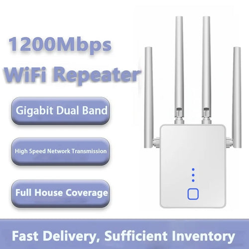 White 1200Mbps WiFi range extender with four external antennas and blue indicator lights.