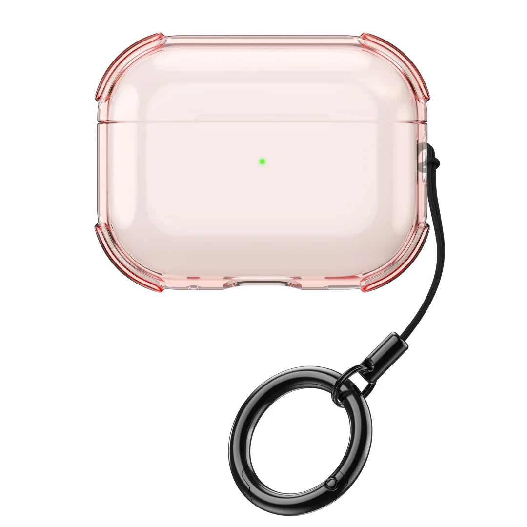 Clear pink protective case for AirPods Pro with a black circular keyring attachment.