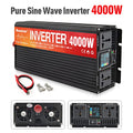 Black 4000W pure sine wave power inverter with dual AC sockets, digital display, cooling fans, and connecting cables.