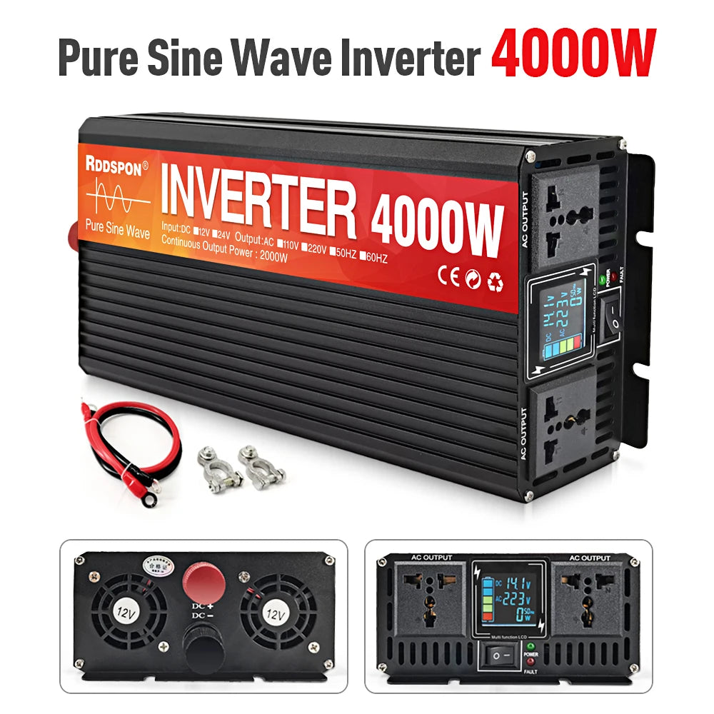 Black 4000W pure sine wave power inverter with dual AC sockets, digital display, cooling fans, and connecting cables.