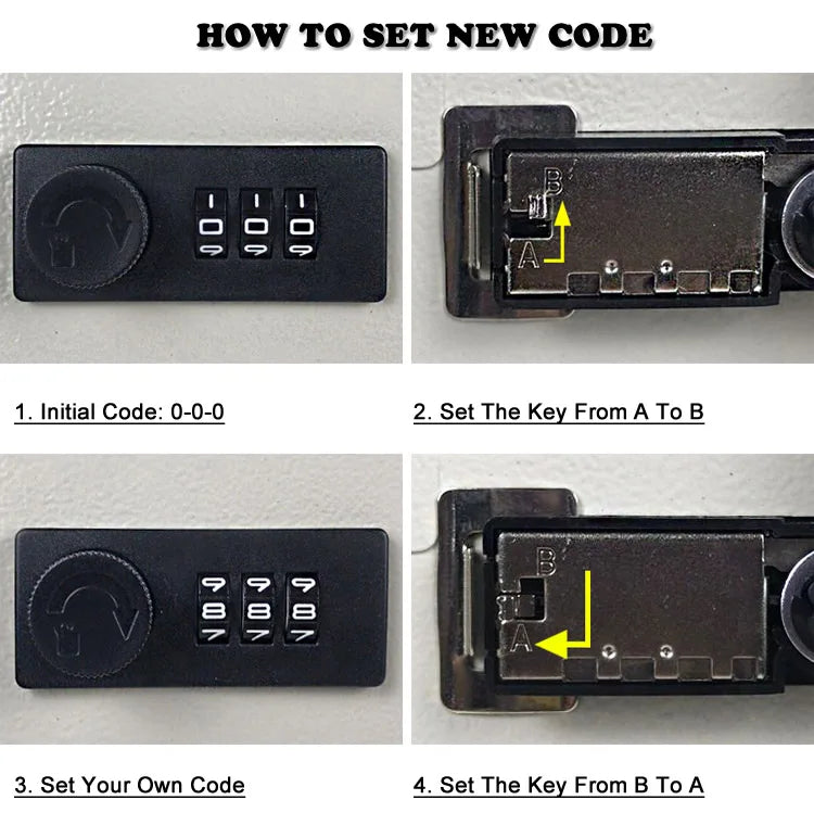 Black plastic and metal combination lock with three rotating number dials and an internal A-B toggle switch.
