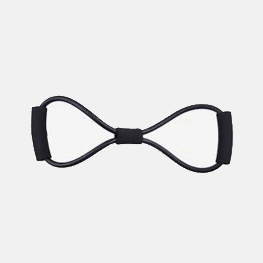 Black figure-eight resistance band for strength training, featuring a central grip and two comfortable foam handles.