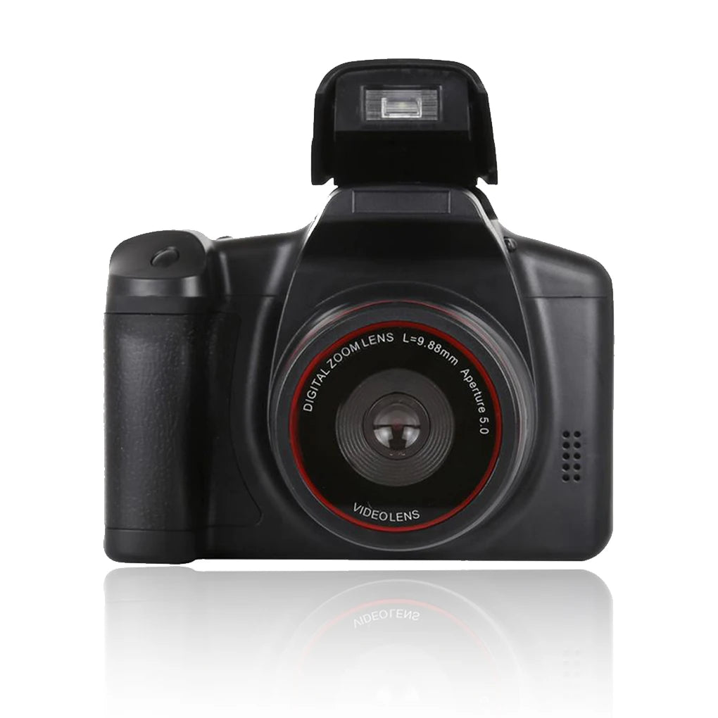 Black plastic digital camera with a pop-up flash and a lens labelled "Digital Zoom Lens" with red ring detailing.