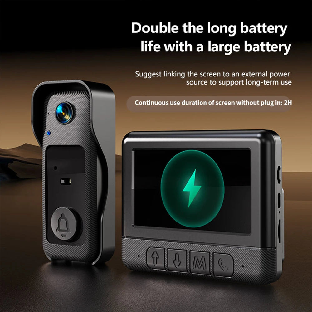 Black wireless video doorbell and matching 4.3-inch intercom display unit with a battery charging icon on the screen.