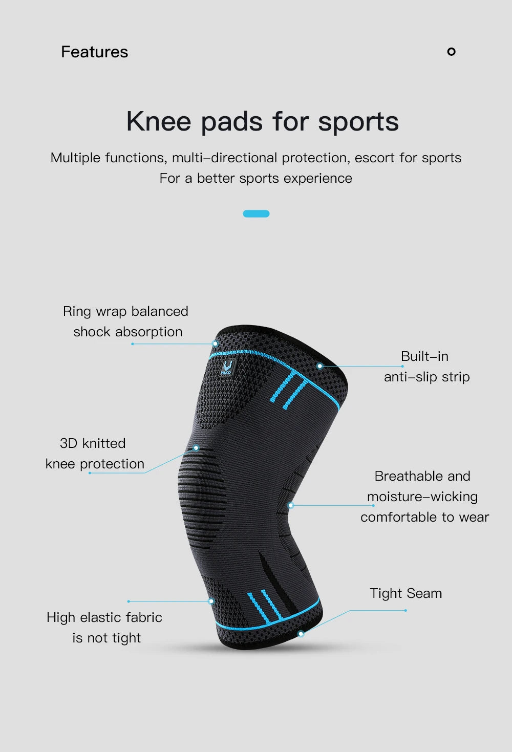 Black and blue 3D-knitted sports knee support sleeve with textured, elastic fabric and anti-slip silicone strips.