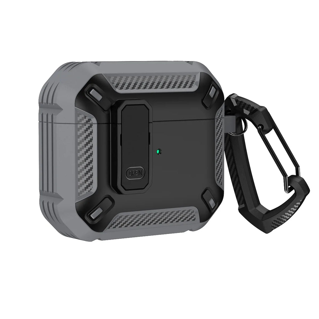 Rugged grey and black carbon fibre-style case for AirPods Pro with a secure latch and matching carabiner clip.