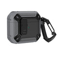 Rugged grey and black carbon fibre-style case for AirPods Pro with a secure latch and matching carabiner clip.