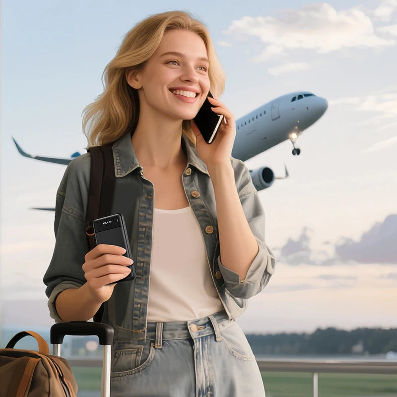 Slim black 20000mAh portable power bank with LED indicator, held by a traveller at an airport.