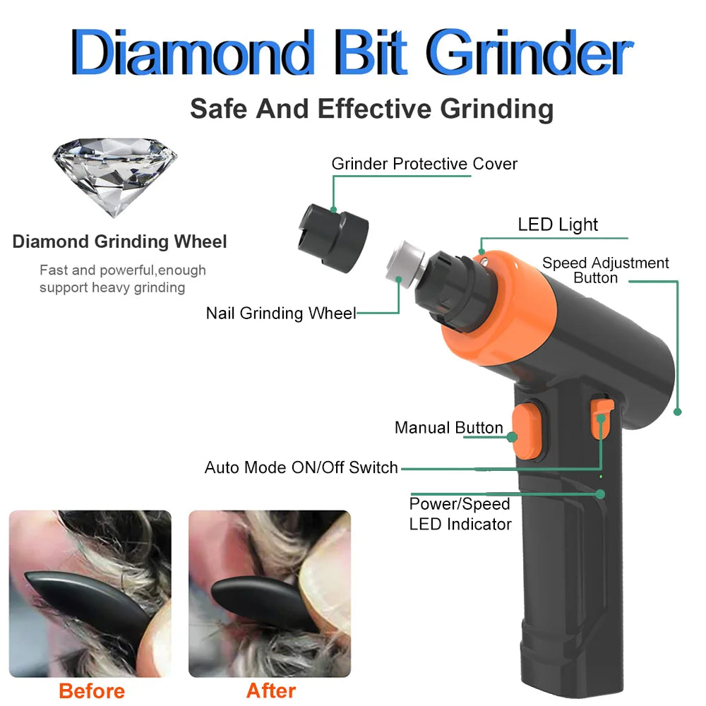 Black and orange electric pet nail grinder with diamond bit, LED light, speed settings and protective cap.