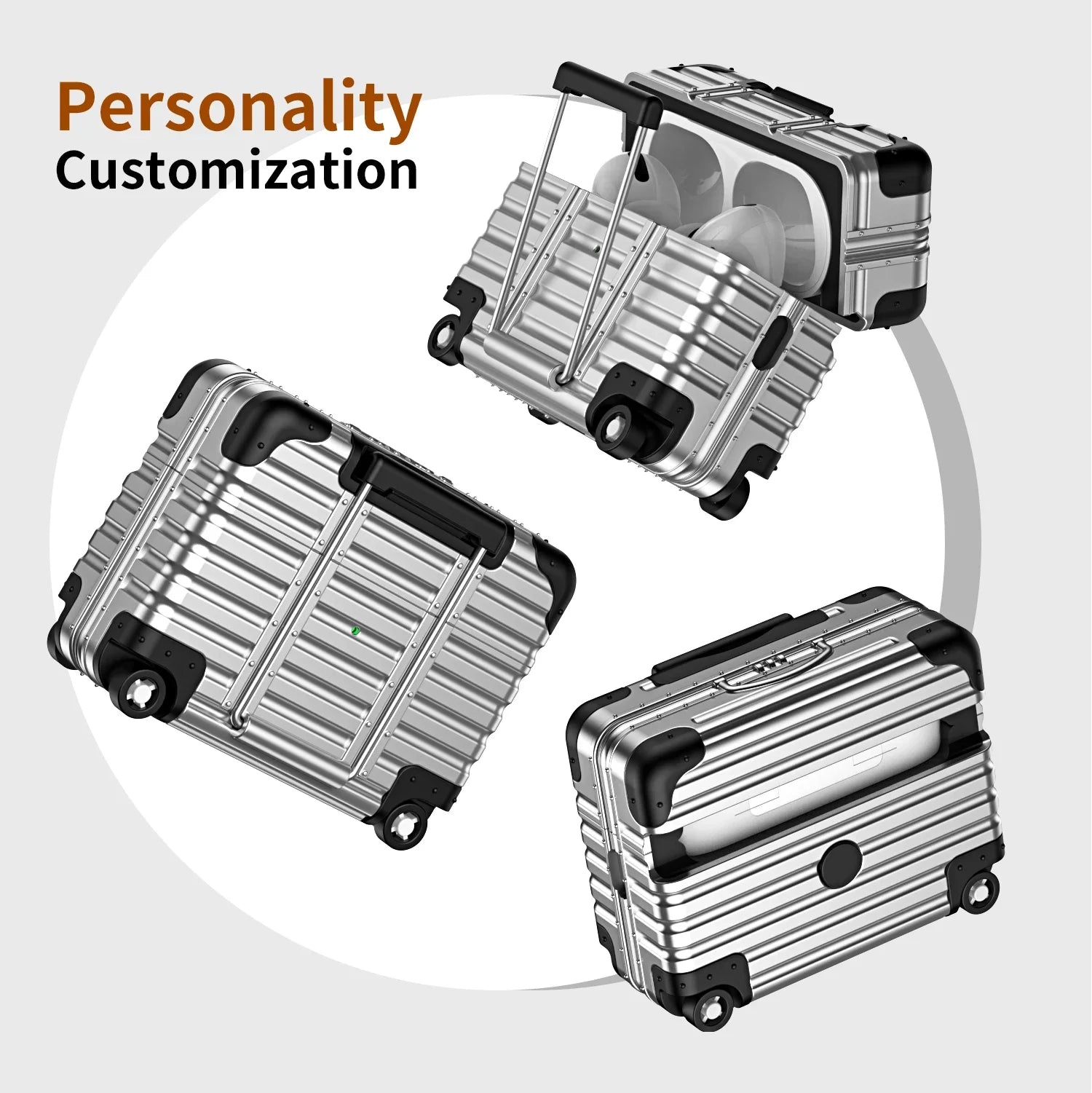Silver metallic suitcase-style AirPods Pro case with wheels and handle. Compact, durable luggage design.