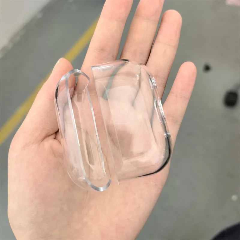Clear, protective hard shell case for AirPods Pro held in a hand.