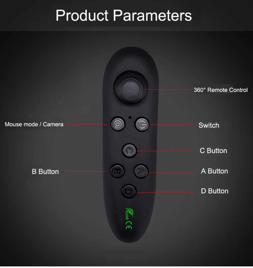 Black ergonomic wireless remote control with a joystick and five buttons labeled A, B, C, D, and power.