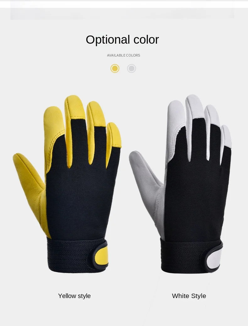 Premium cowhide leather safety gloves in yellow or white, featuring black fabric backs and adjustable wrist straps.