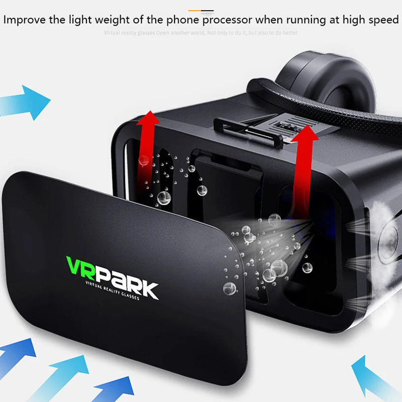 Black VR headset with a detachable front panel, showing cooling air circulation features.