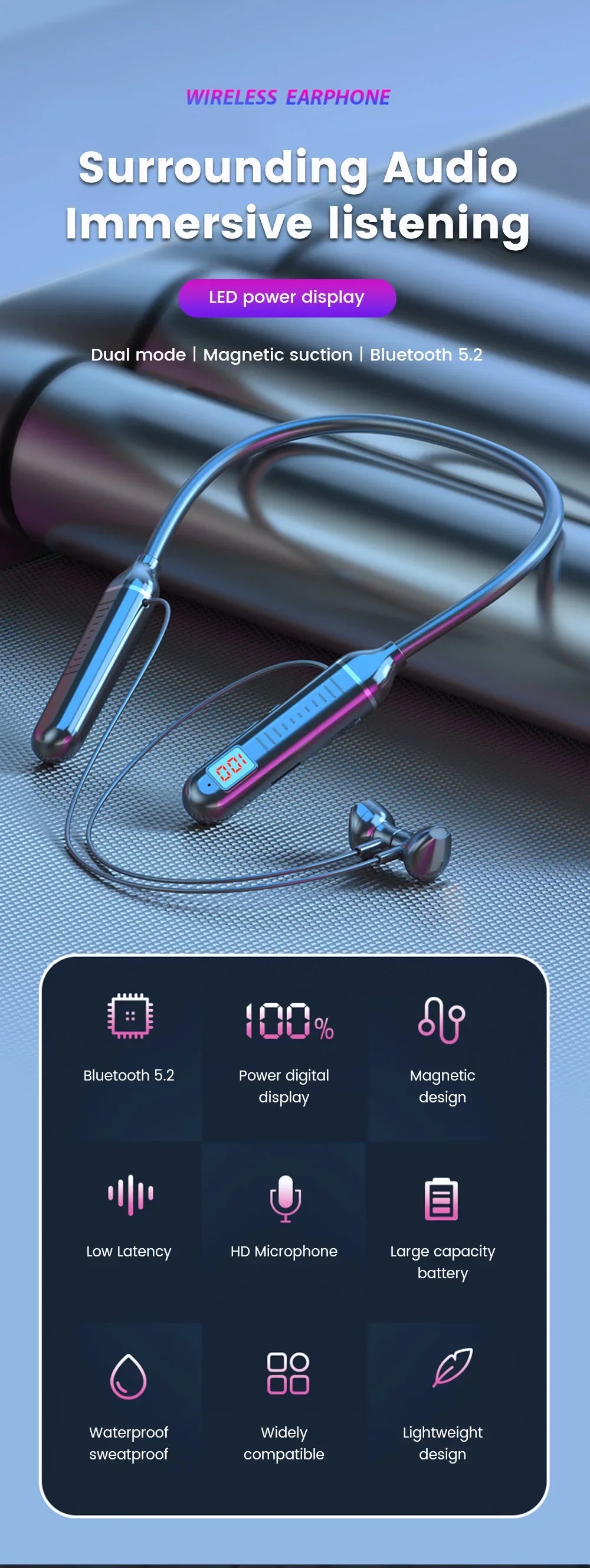 Metallic grey wireless neckband earphones featuring an LED battery display and magnetic earbuds.