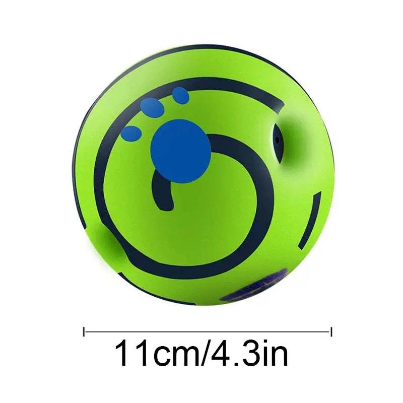 Bright green interactive dog ball with blue paw print details and holes for sound, measuring 11cm in diameter.