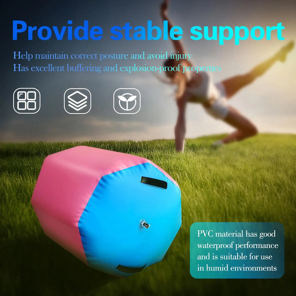 Pink and blue inflatable gymnastics air roller barrel for tumbling training, featuring a durable PVC surface.