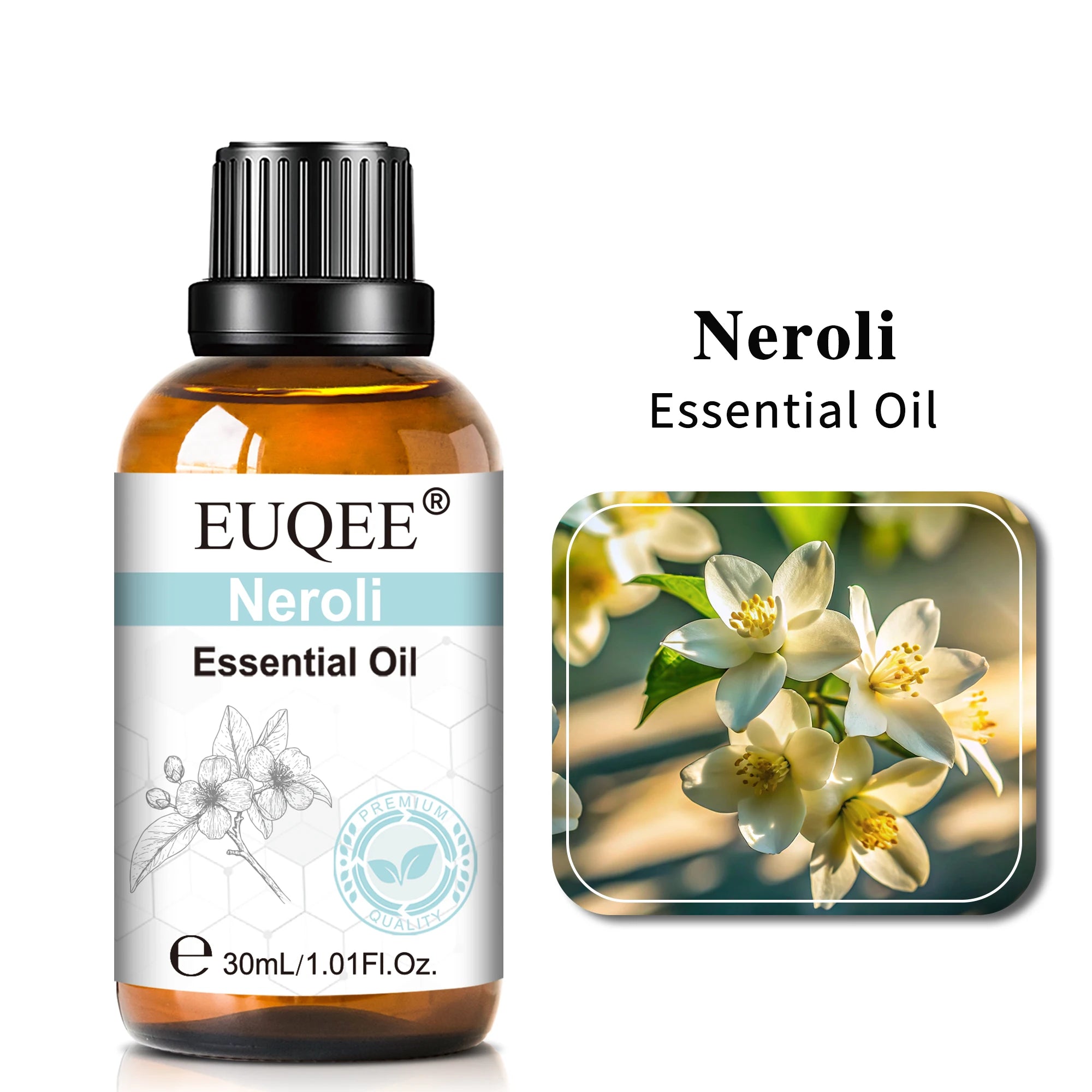 30ml amber glass bottle of Neroli essential oil with black cap, featuring an elegant floral label design.