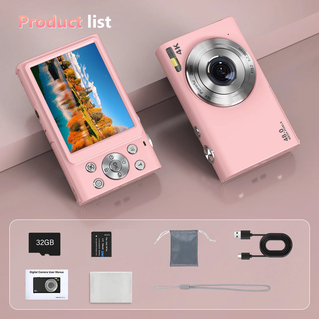Pink 48MP 4K digital camera with screen, buttons, SD card, battery, charging cable, pouch, and manual.