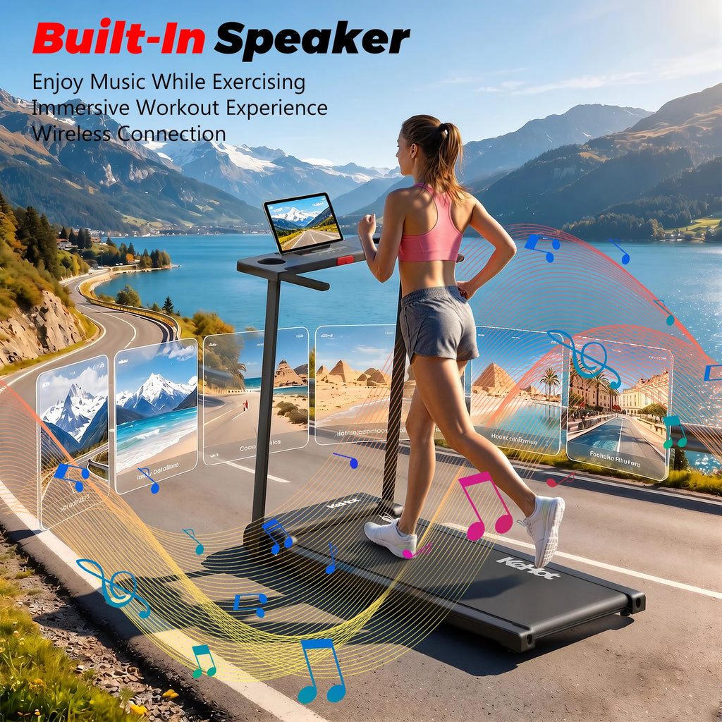 Black folding treadmill with digital display, being used outdoors by a woman running on a scenic coastal road.