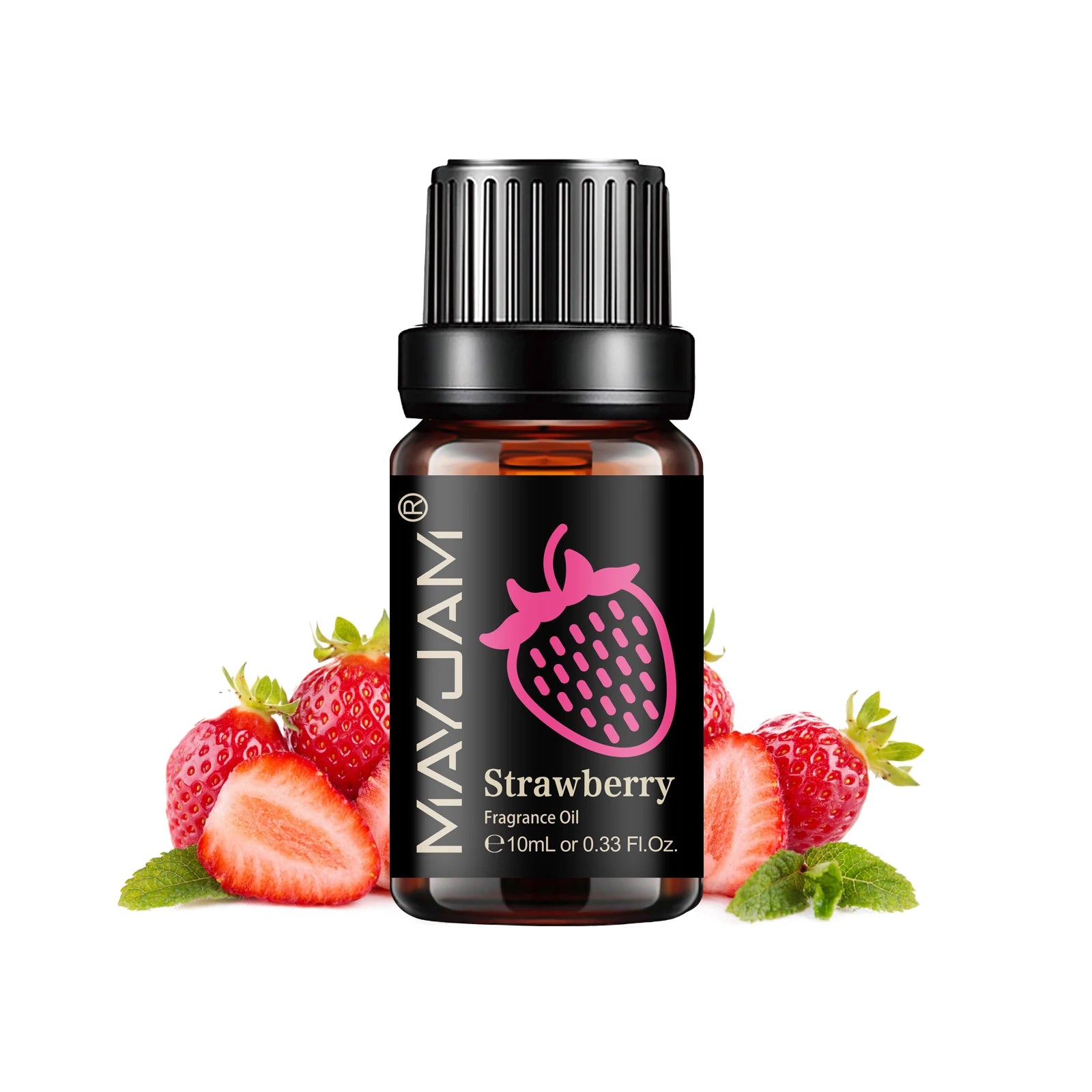 10ml amber glass bottle of strawberry fragrance oil with black dropper cap, featuring a strawberry icon on the label.