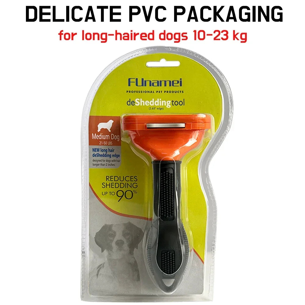 Funamei orange and black dog de-shedding tool for medium, long-haired dogs, in clear PVC retail packaging.