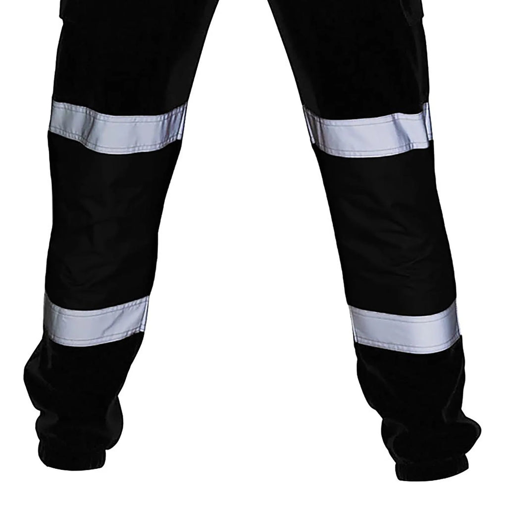 Black high-visibility work trousers featuring double reflective strips on each leg and elasticated ankle cuffs.