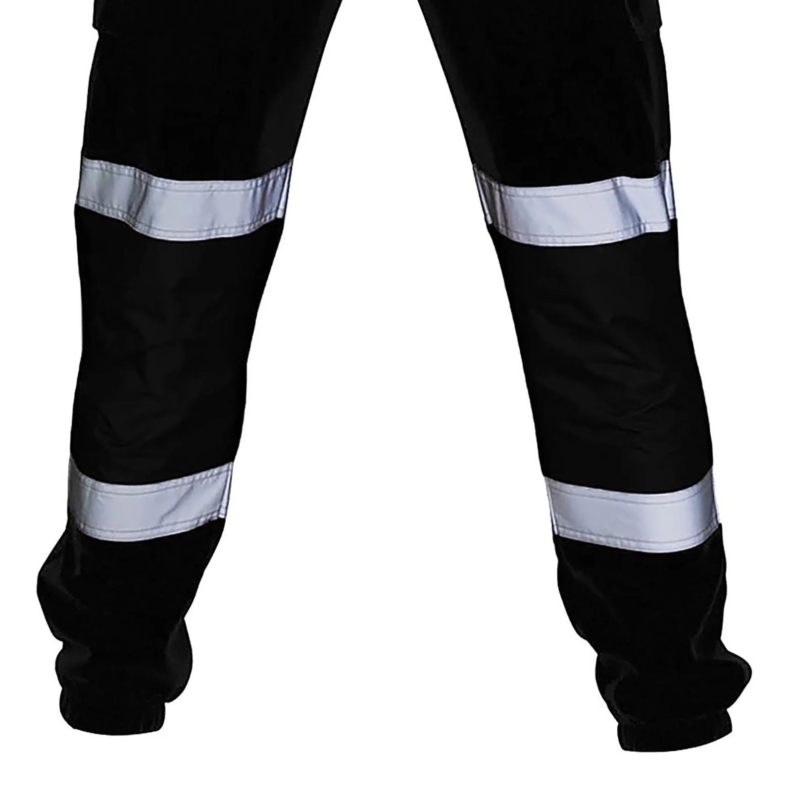 Black high-visibility work trousers featuring double reflective strips on each leg and elasticated ankle cuffs.