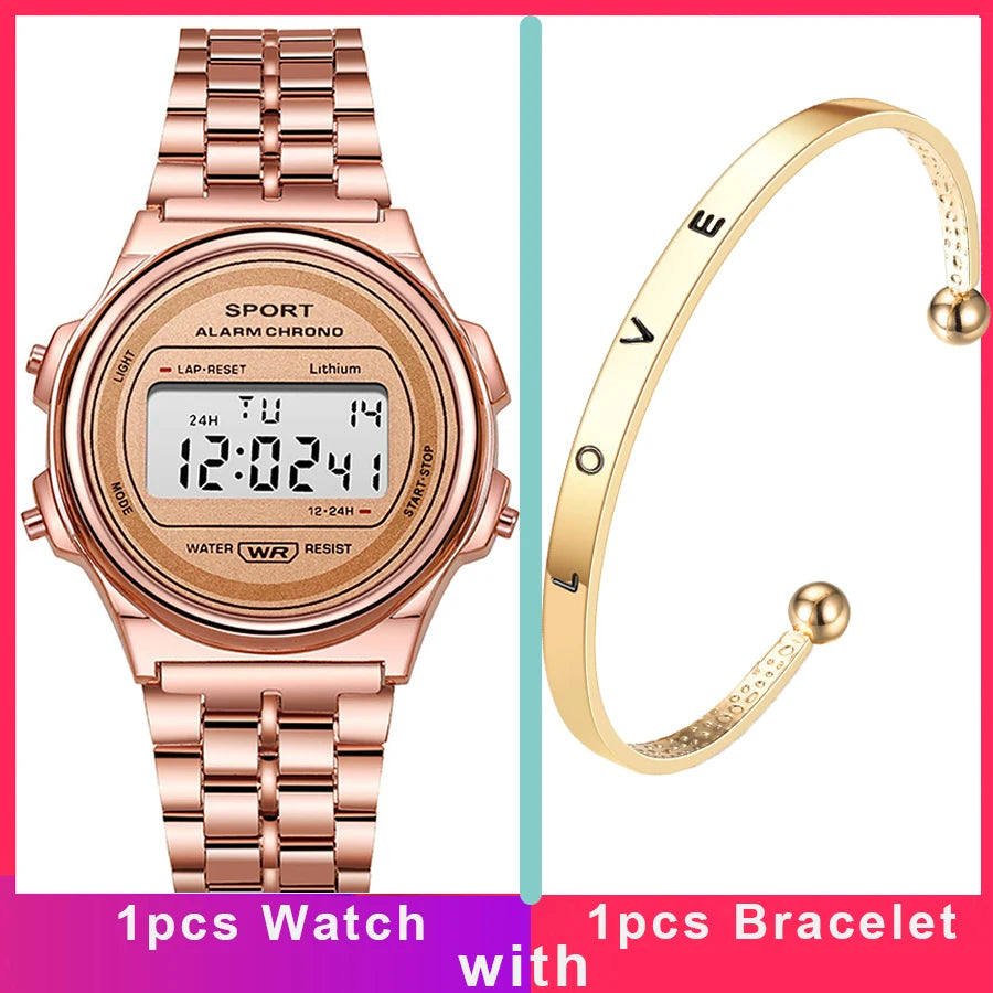 Rose gold retro digital watch with metal link strap, paired with a gold-tone open 'LOVE' cuff bracelet.