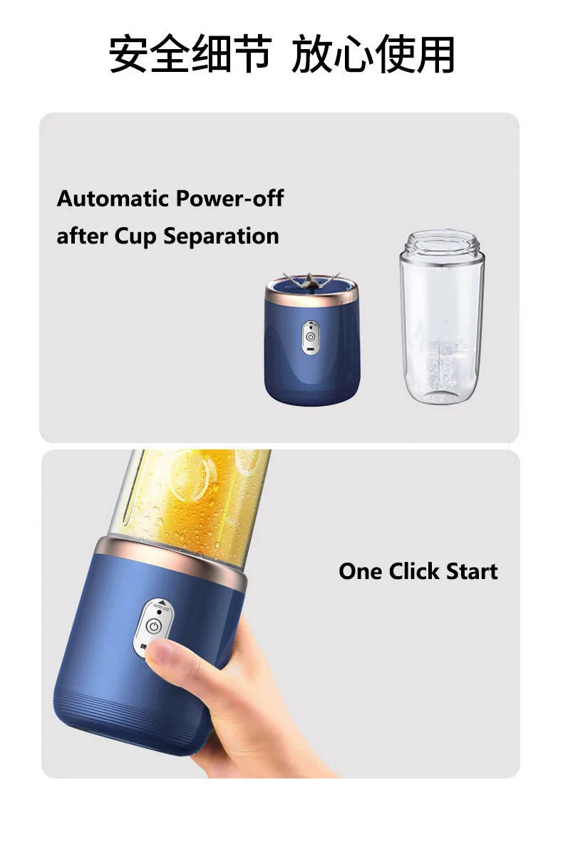 Portable blue blender with a clear cup, rose gold trim, and a one-click power button for easy, safe operation.