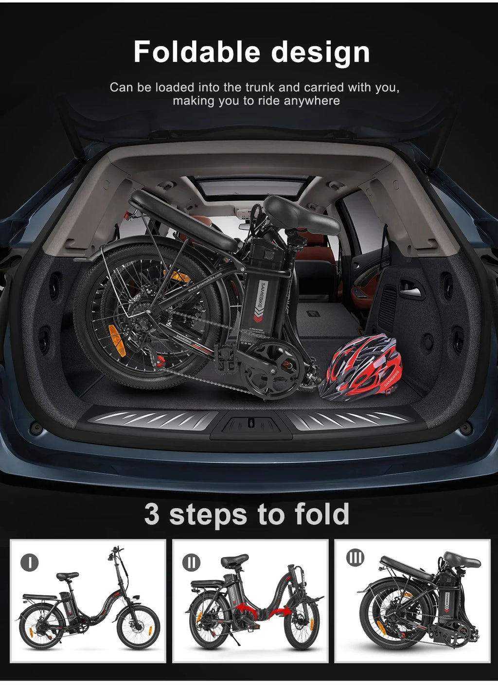 Black SAMEBIKE CY20 foldable electric bicycle folded and packed inside a car trunk with a helmet.