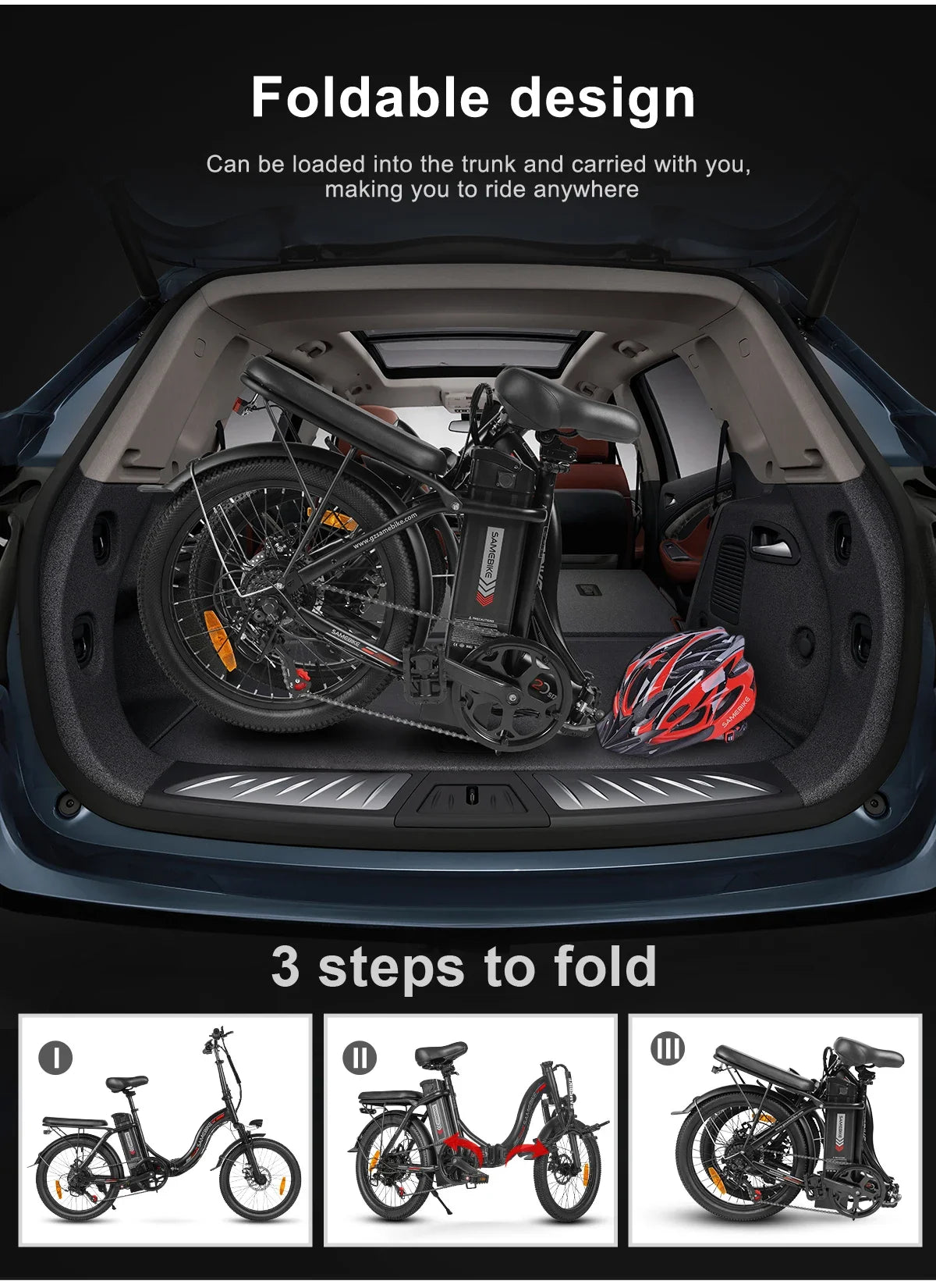 Black SAMEBIKE CY20 foldable electric bicycle folded and packed inside a car trunk with a helmet.