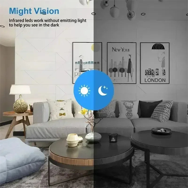 Split image of a modern living room showing day and night infrared night vision camera view.