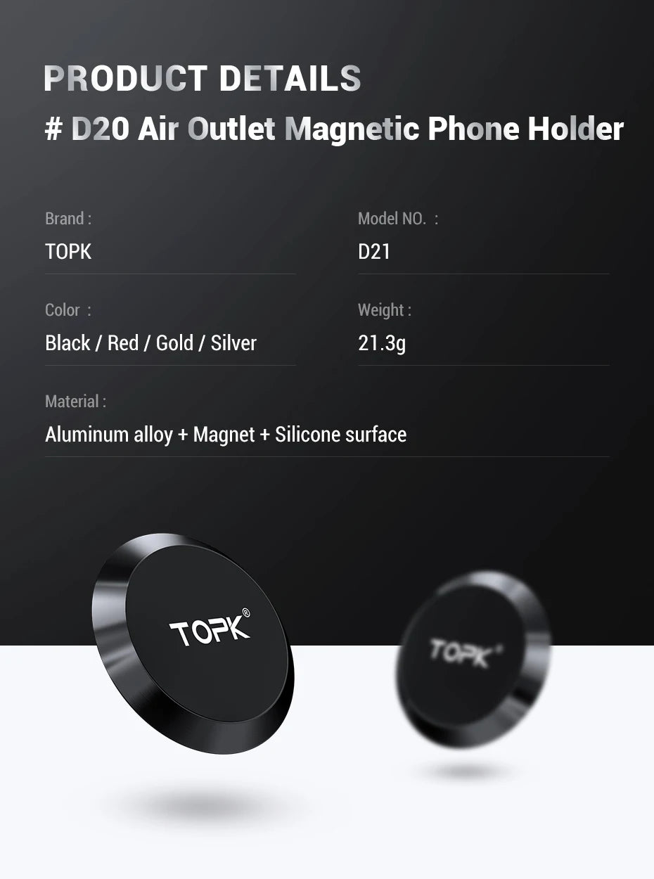 Minimalist magnetic car air vent phone mount with a round aluminum alloy body and matte silicone surface.