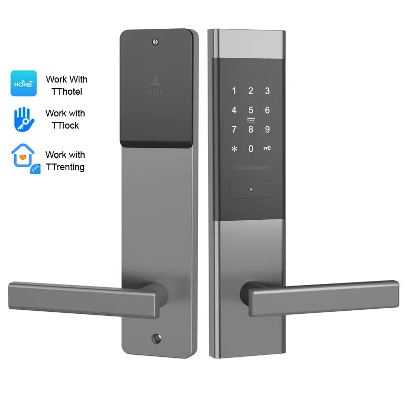 Grey metal smart door lock with a digital keypad and lever handle.