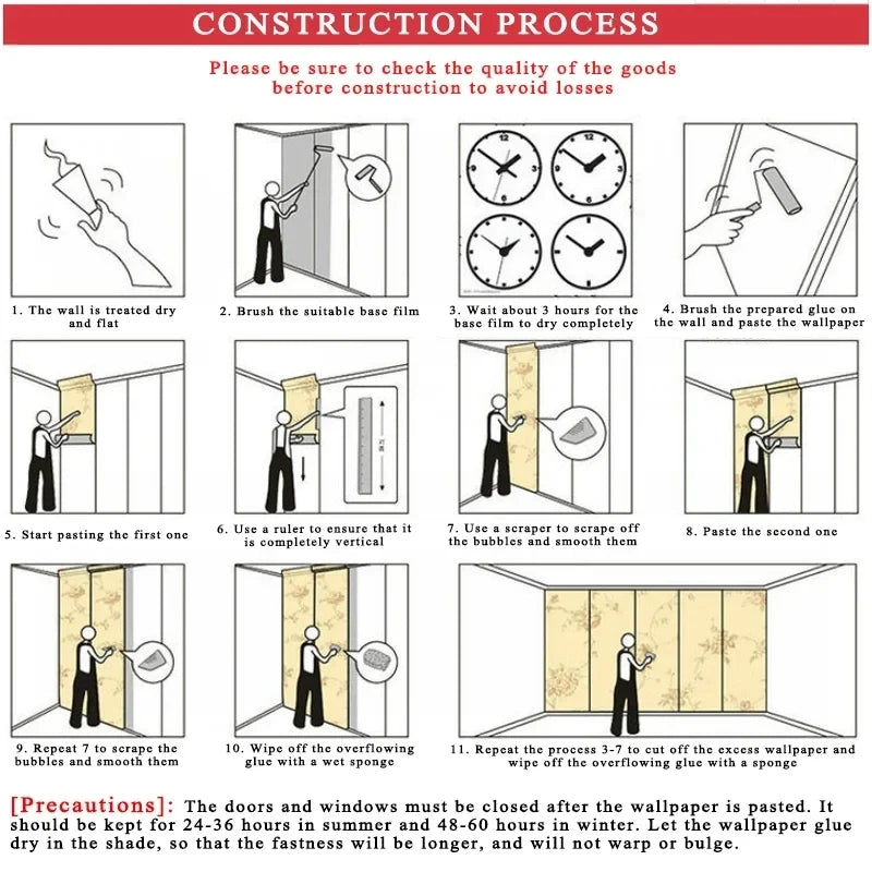 An instructional graphic showing an 11-step process for hanging patterned wallpaper, with tips for successful application.