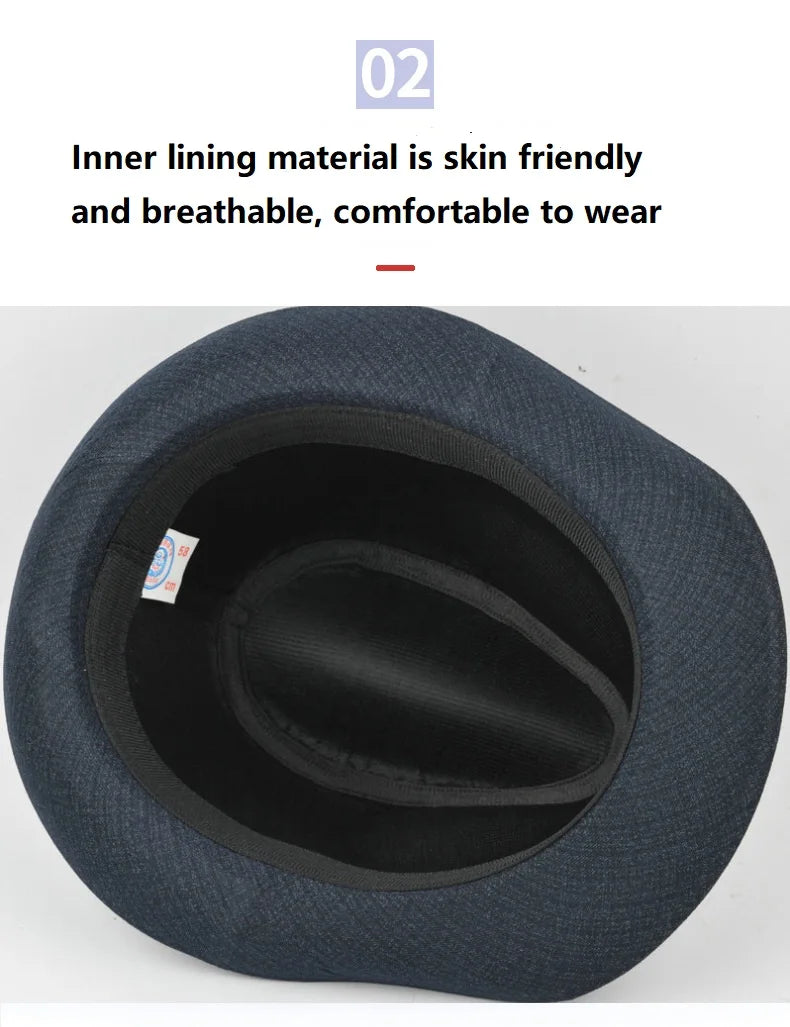 View inside a navy blue plaid fedora, showing the soft, breathable black inner lining and structured brim.