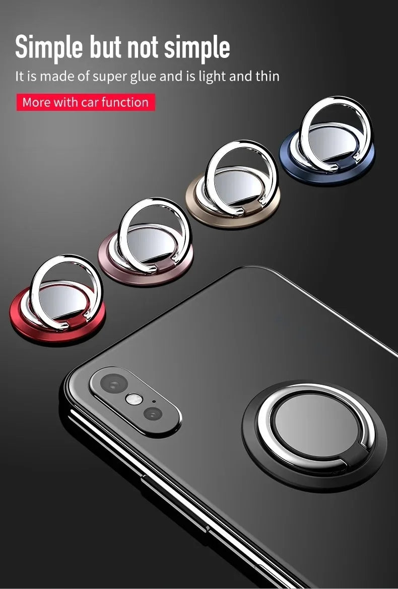 Thin, circular metal phone ring stands in red, gold, blue, and black, shown attached to a smartphone.