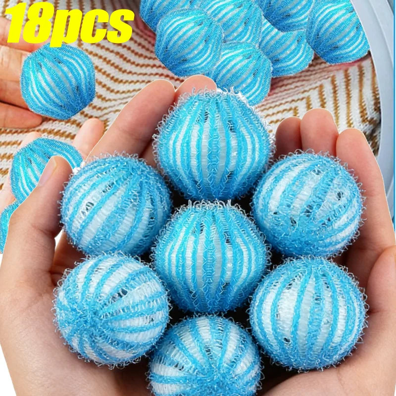 Hands holding multiple blue and white striped, textured laundry washing balls.