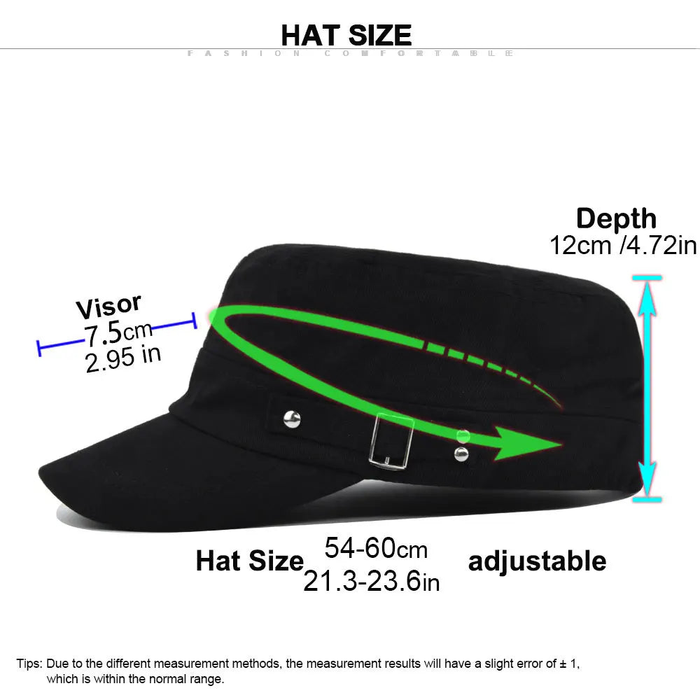 Black military-style flat cap with adjustable buckle detail and dimension measurements shown.