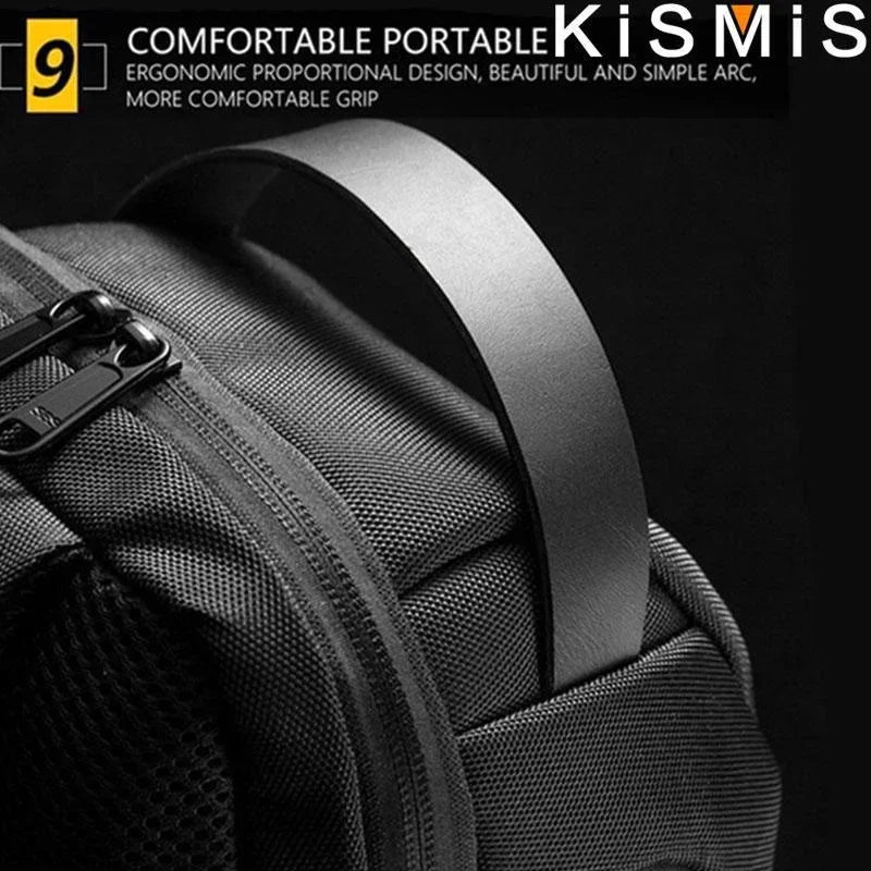 Close-up of a black, waterproof anti-theft bag with a sturdy, ergonomic carry handle and zip detailing.