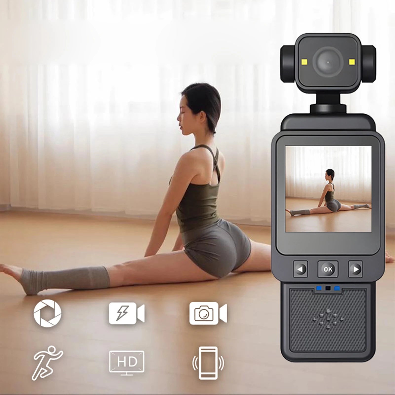 Black handheld gimbal camera with built-in display, button controls, and a rotating lens head.