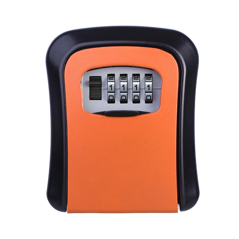 Orange and black metal key lock box with a four-digit combination dial.