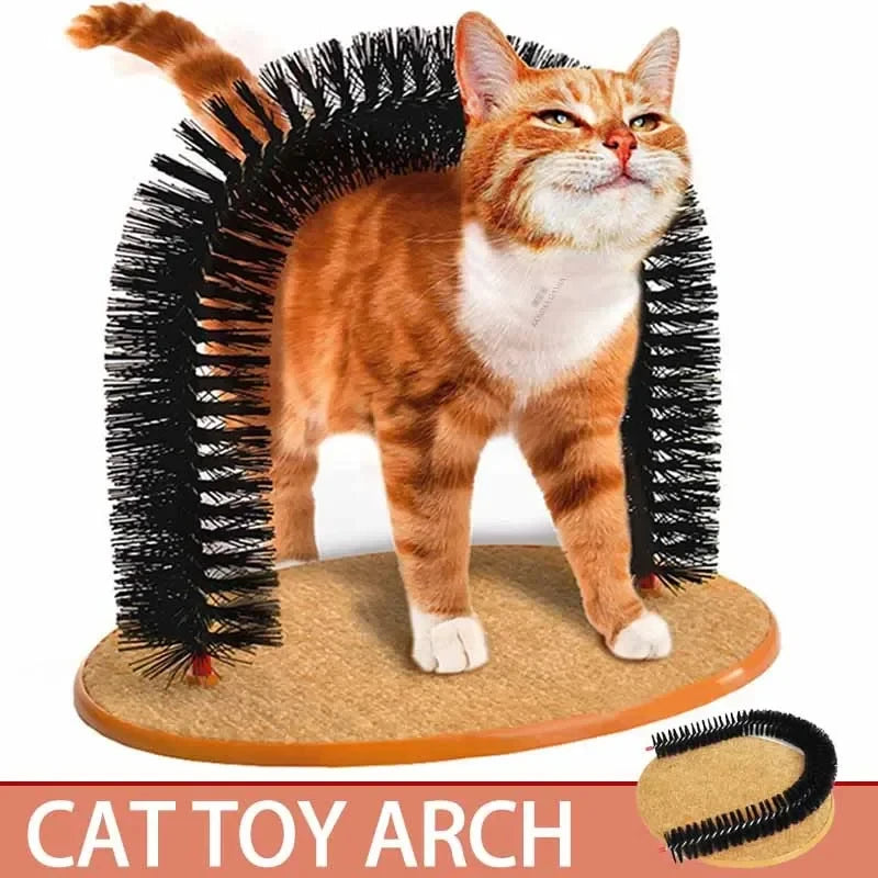 Ginger cat rubbing against a black bristled grooming arch mounted on a tan, oval carpeted scratching base.
