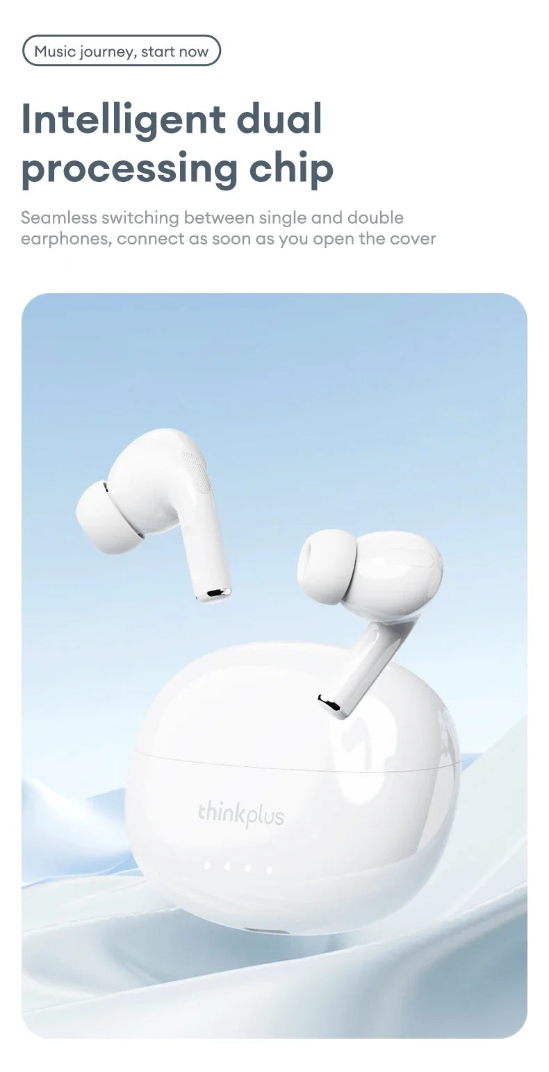 Glossy white wireless earbuds with an in-ear design and a matching rounded charging case on a soft blue background.