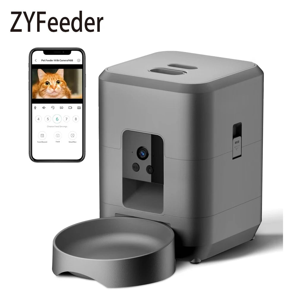 Grey smart pet feeder with an integrated camera and app-controlled smartphone display.