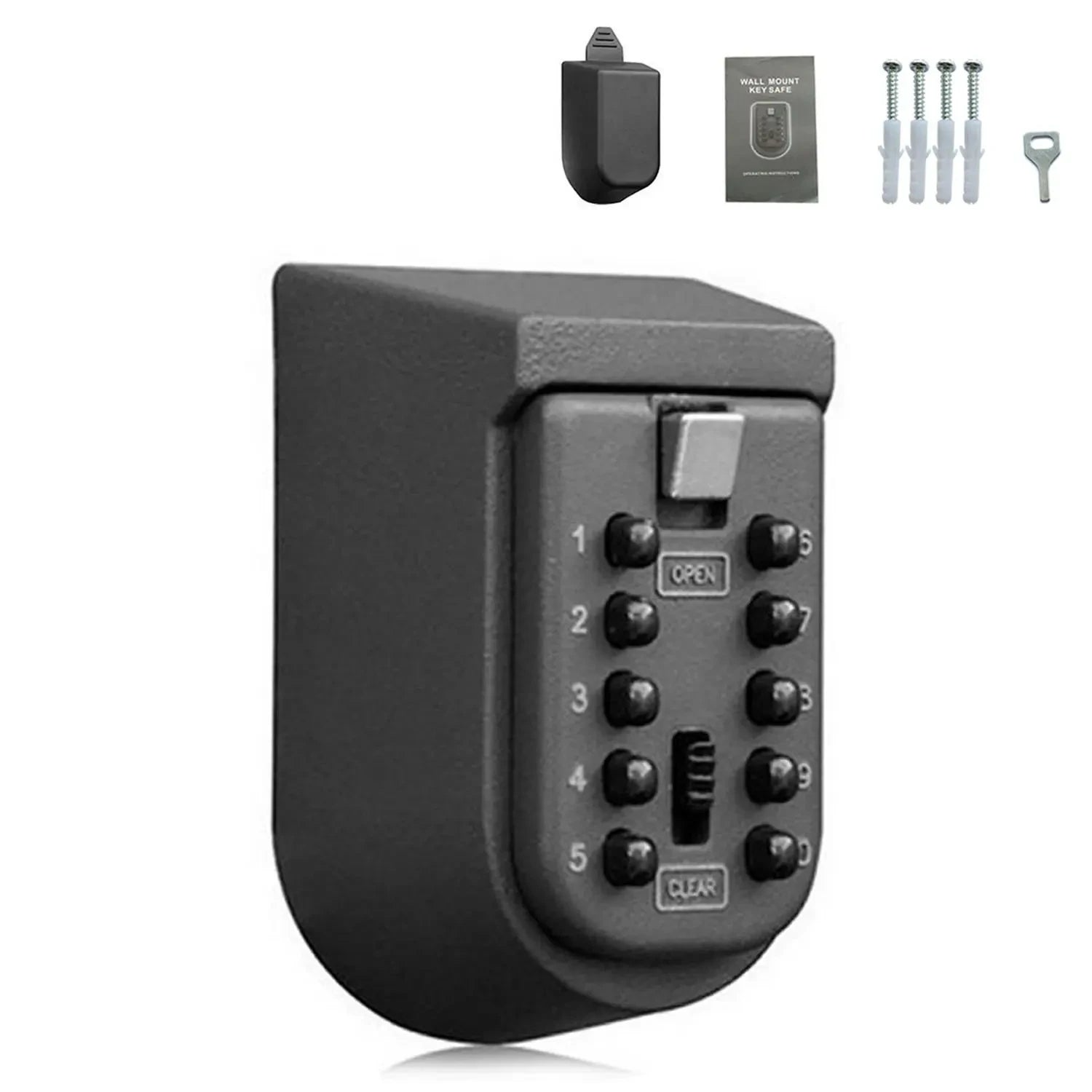 Dark gray, wall-mounted push-button key safe with keypad, including mounting screws, a manual, and a small key.