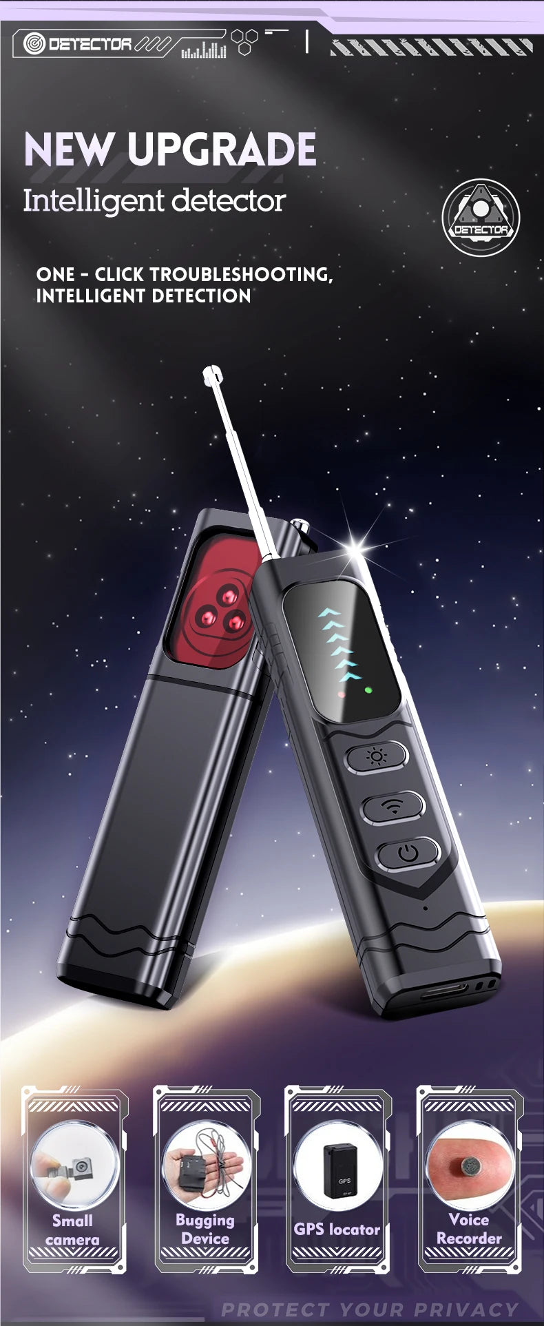Two black, plastic handheld intelligent detectors with extendable antennas, indicator lights, and control buttons.